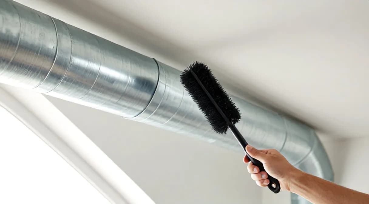 Technician cleaning a metal HVAC duct with a brush in a bright attic space